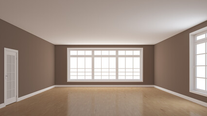 Empty Room with Brown Walls, Glossy Parquet Flooring, Large Full Wall Window, a White Door and a Window Opposite. Interior Concept. 3d illustration with a Work Path on Windows. 8K Ultra HD 7680x4320
