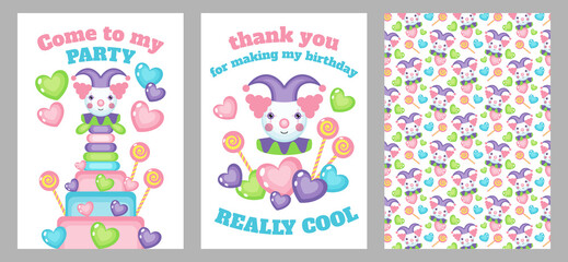 Children's party invitation, gratitude and seamless pattern. Kids' holiday, party, birthday. Set of postcards. Circus theme.