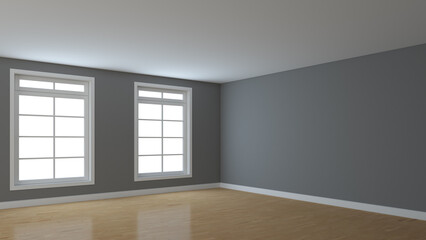 Interior Corner with Gray Walls, Two Large Windows, Light Glossy Parquet Flooring and a White Plinth. Perspective View. 3d illustration with a Work Path on the Windows. 8K Ultra HD, 7680x4320, 300 dpi