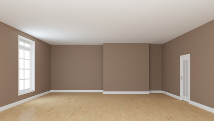 Empty Room with Light Brown Walls, Light Parquet Floor, White Plinth, Window and a White Door. Unfurnished Interior Concept. 3d render with a Work Path on the Window. 8K Ultra HD, 7680x4320