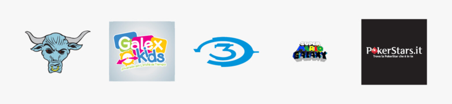 Brahma Bull Logo, Super Mario Galaxy Logo, EA Sports Logo, Halo 3 Xbox 360 Logo, Galex Kids Logo. Game vector logo illustration. Isolated vector logo on white background.