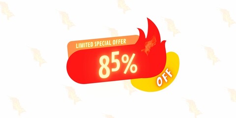 Fototapeta na wymiar 85% off limited special offer. Banner with eighty five percent discount on a white background with red tag square