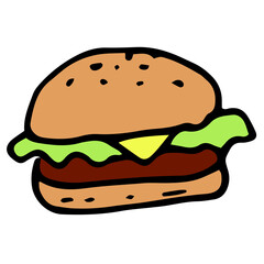 a hamburger icon in a flat style. Burger with yellow melted cheese and green salad and a cutlet with a black outline, hand-drawn in the style of doodles isolated on white for a fast food design templa
