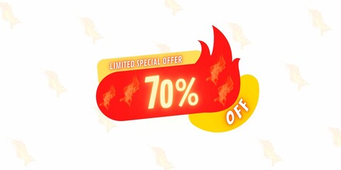 Fototapeta na wymiar 70% off limited special offer. Banner with seventy percent discount on a white background with red tag square
