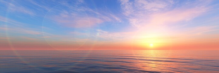 Ocean panorama sunset, seascape panoramic, 3D rendering