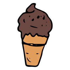 waffle cone icon with chocolate ice cream in color. hand-drawn chocolate ice cream in brown waffle cone, hand-drawn in doodle style, side view, isolated on white for summer design template, signage, m