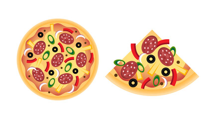Pizza with sausage, whole and slice. Vector stock illustration.