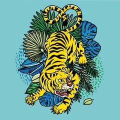 Savage Tiger. Vector illustration of tiger with tropical leaves.