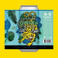 Vector Beer Label With Tiger and Tropical Leaves. Custom Beer Label Design.