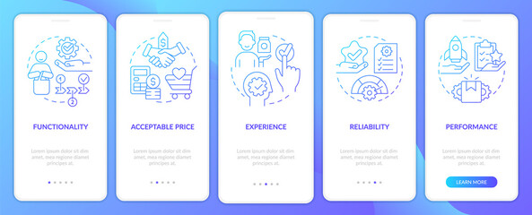Product needs blue gradient onboarding mobile app screen. Goods, service walkthrough 5 steps graphic instructions pages with linear concepts. UI, UX, GUI template. Myriad Pro-Bold, Regular fonts used