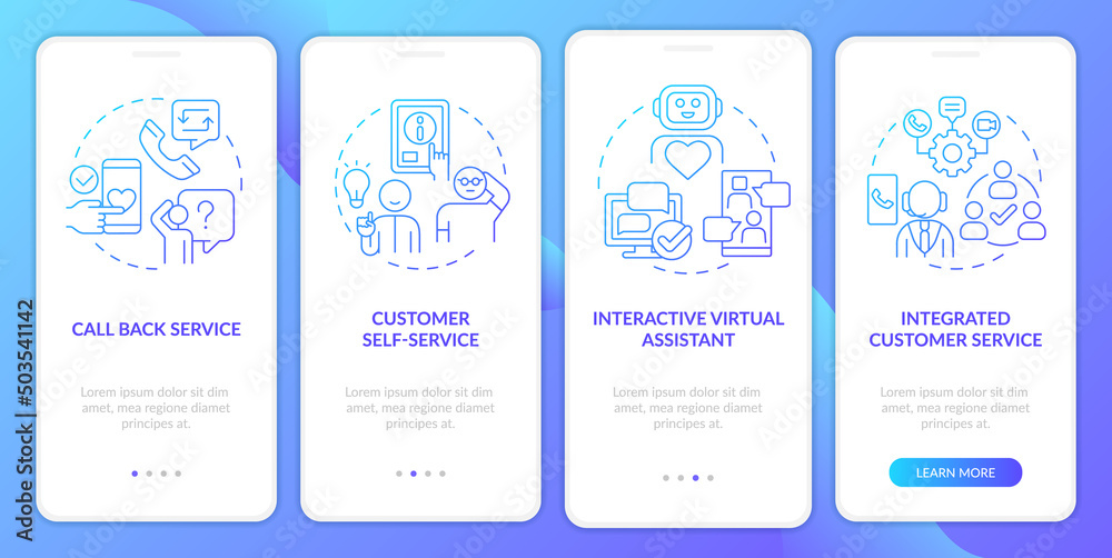 Wall mural types of customer service blue gradient onboarding mobile app screen. walkthrough 4 steps graphic in