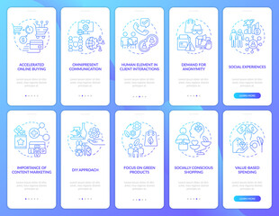 Customer needs blue gradient onboarding mobile app screen set. Walkthrough 5 steps graphic instructions pages with linear concepts. UI, UX, GUI template. Myriad Pro-Bold, Regular fonts used
