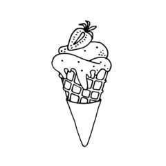 Black and white vector image of ice cream in a waffle cone with strawberries. Idea for packaging, coloring, creativity