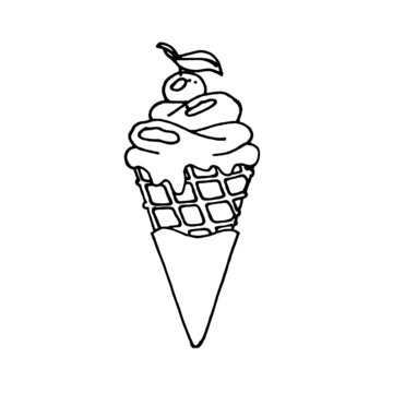 Black and white vector image of ice cream in a waffle cone. Idea for packaging, coloring, creativity