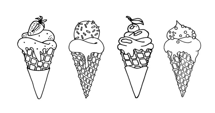 A set of ice cream cones. Black and white vector image with ice cream. Idea for packaging, design, decoration.