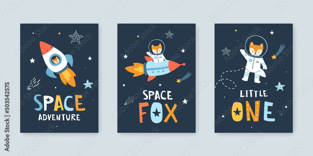 Wall mural set of posters with little fox astronaut in the space. cute collection of cosmic vector prints with 