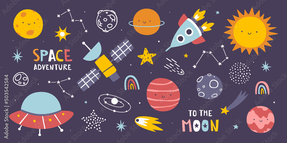 Wall mural cute doodle space set for kids. scandinavian collection of prints with planets of solar system. bund