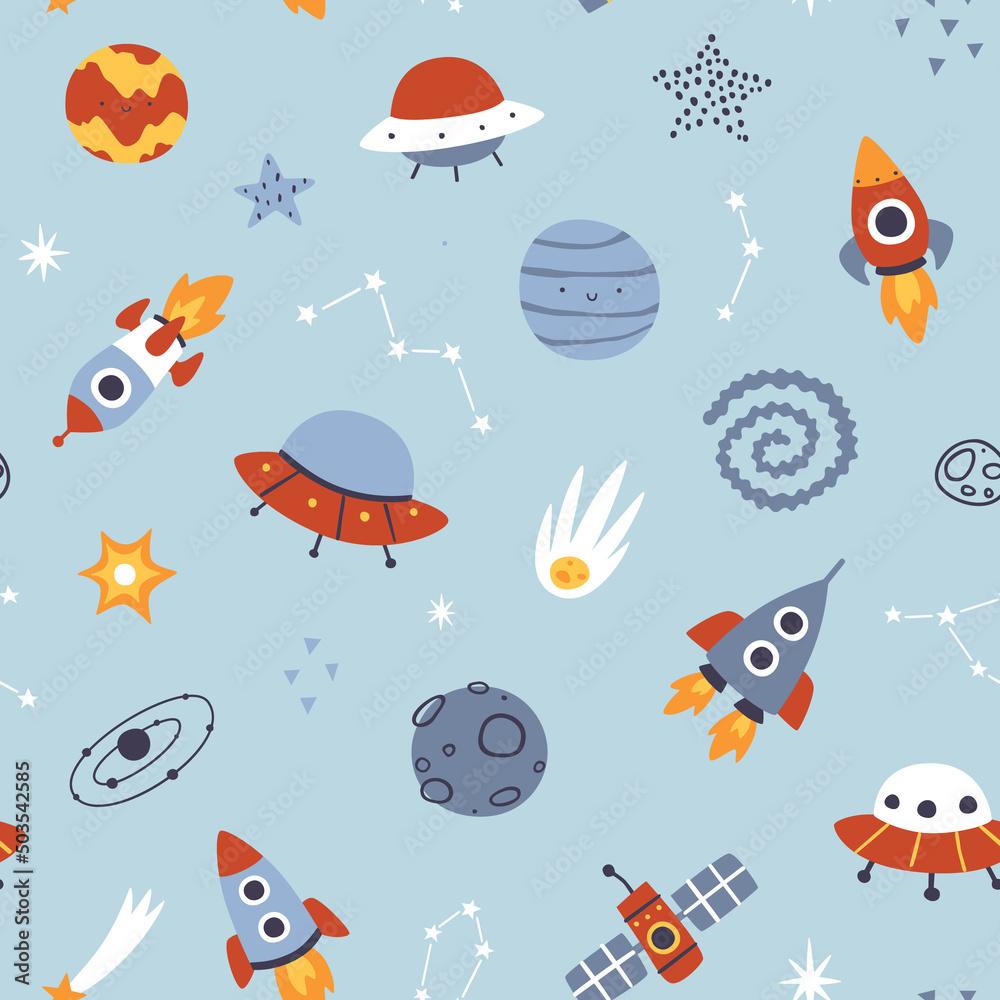 Canvas Prints scandinavian pattern with space adventure. cute cosmic vector seamless print for kids and nursery wa