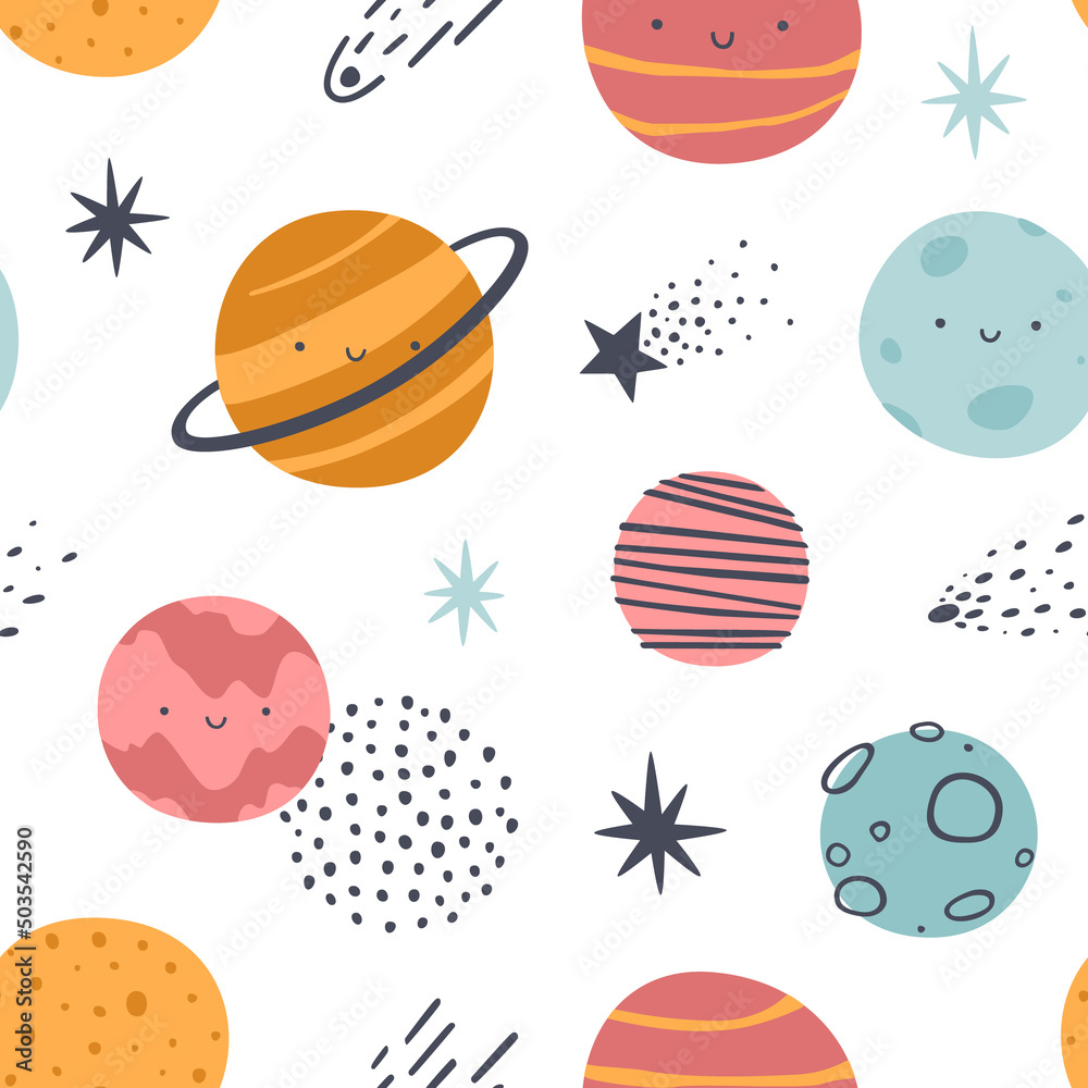 Sticker cute scandinavian pattern with smiling planets of solar system. space vector seamless print for kids