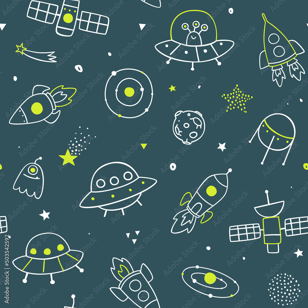 Wall mural outline doodle cosmic pattern with spaceships. space vector seamless print for baby textile.