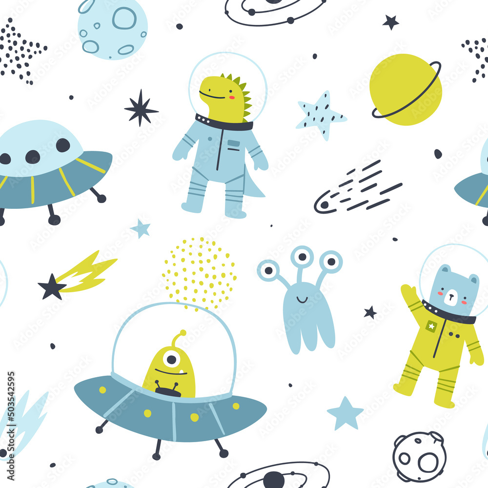 Wall mural scandinavian space pattern with animal cosmonauts and aliens. cute cosmic vector seamless print for 