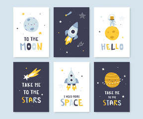 Cute scandinavian cosmic posters bundle. Collection of space prints with lettering for nursery. Wall art set for baby.