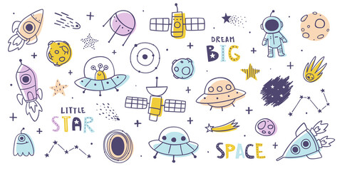 Space doodles bundle. Outline cosmic doodle collection. Set of cute outer space cartoon prints and lettering. © Sonium_art