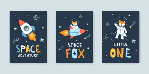 Set of posters with little fox astronaut in the space. Cute collection of cosmic vector prints with animal cosmonaut. © Sonium_art