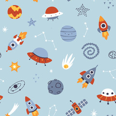 Scandinavian pattern with space adventure. Cute cosmic vector seamless print for kids and nursery wallpaper.