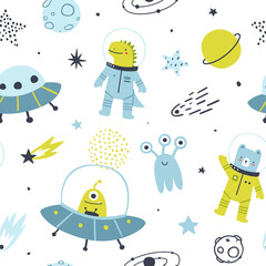 Scandinavian space pattern with animal cosmonauts and aliens. Cute cosmic vector seamless print for kids. © Sonium_art