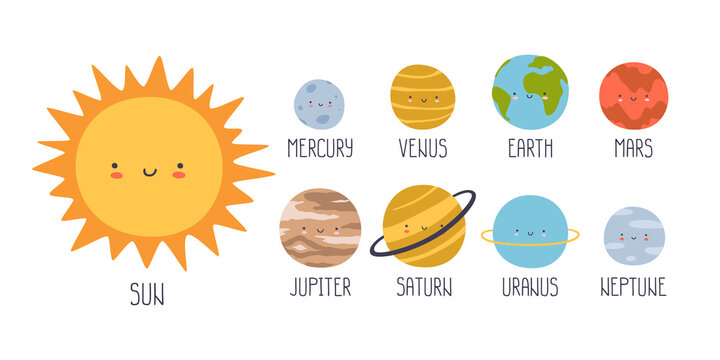 Set of cute solar system planets with smiling faces. Kawaii planetary collection for kids education.