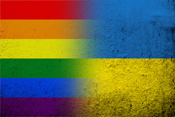 National flag of Ukraine with Rainbow LGBT pride flag. Grunge background