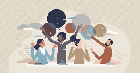 Open communication and free partner thoughts sharing tiny person concept. Business teamwork with idea brainstorming or opinion diversity for successful employee discussion exchange vector illustration - obrazy, fototapety, plakaty