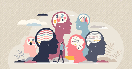 Personality differences and individual thinking styles tiny person concept. Mental mindset variation in social community with different emotions, behavior and people characters vector illustration.