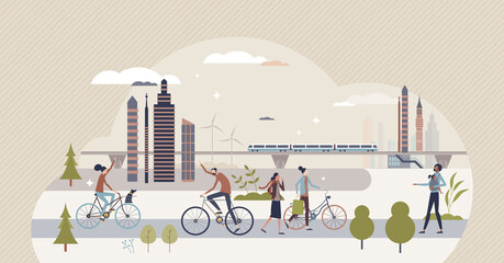 Save earth and use walking, cycling and public transport tiny person concept. Avoid private cars to reduce CO2 emissions pollution and support ecological and sustainable lifestyle vector illustration. - obrazy, fototapety, plakaty