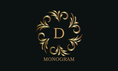 Golden monogram design template with letter D. Round logo, business identity sign for restaurant, boutique, cafe, hotel, heraldic, jewelry.