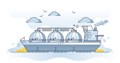 LNG gas tanker as liquefied natural gas transportation outline concept. Facility for managing fossil butane and propane logistics vector illustration. Methane cargo ship for long distance delivery. © VectorMine