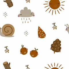 Seamless pattern with the gifts of nature. Vector illustration in warm colors on a white background for children's decoration and textiles
