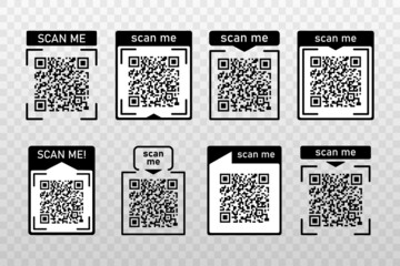 Set Scan me icons frame with Qr code for smartphone isolated on transparent background. Qr code for payment, advertising, mobile app vector illustration.