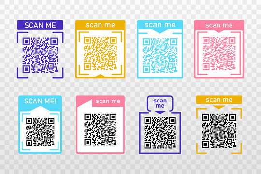 Set Scan me color icons frame with Qr code for smartphone isolated on transparent background. Qr code for payment, advertising, mobile app vector illustration.