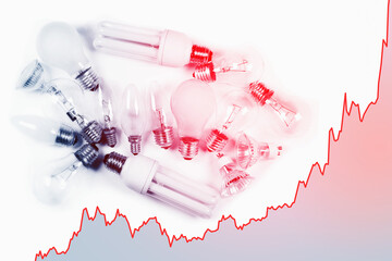 Light bulbs and rising chart representing current electricity price during energy crisis in the world