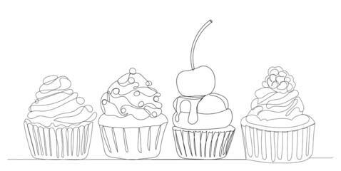 cakes drawing in one continuous line, isolated, vector