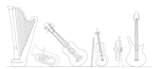 musical instruments one continuous line drawing, isolated, vector