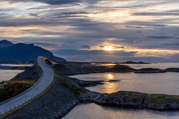 Fantastic shot of an Atlantic road in Norway in the sunset.