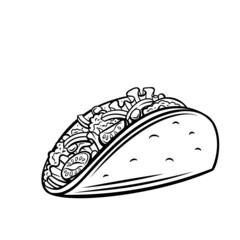 Tacos with meat and vegetable outline icon. Drawn monochrome traditional mexican fast food. Vector illustration in retro style.