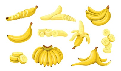 Bunch of bananas, half peeled banana and slices of tropical fruits, snack. Vegan food vector icon, cartoon style. © setory