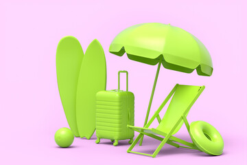 Suitcase with beach chair and surf board on monochrome pink background.