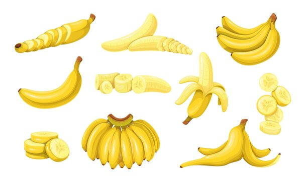 Bunch of bananas, half peeled banana and slices of tropical fruits, snack. Vegan food vector icon, cartoon style.