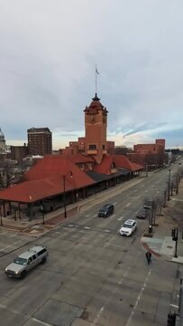 Aerial view of the morning commute and historic Union Station in Springfield, Illinois, USA