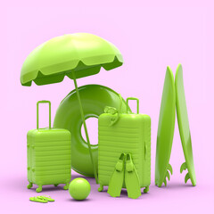 Suitcase with beach umbrella and surf board on monochrome pink background.